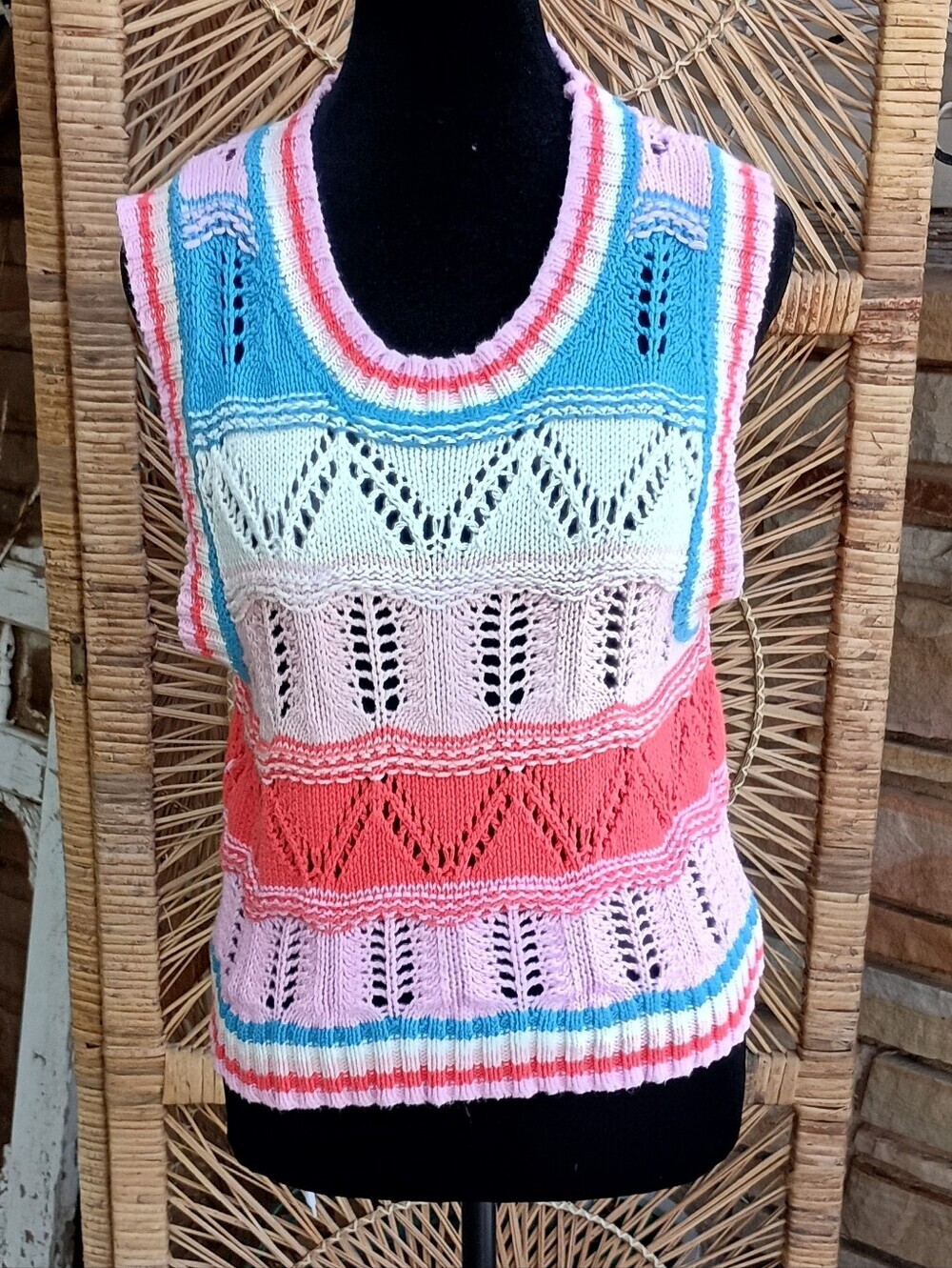 Entro 100% Cotton Multicolor Striped Knit Vest - Pink, Coral, Blue, Cream_M